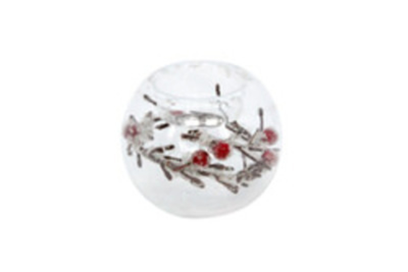 Glass Candle Holder Frosted Twig and Berry Gisela Graham This beautiful night light holder has a frosted finish that really adds a lot of character to your Christmas decorations. The T light holder made from glass has a frosted twig and red berry design which will compliment any decor. Made by London based designer Gisela Graham who designs really beautiful and unusual Christmas decorations and gifts for your home.Ê Would also make a lovely Christmas gift. Fits standard tlight candles. 6cm.